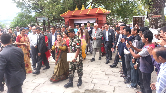 President Bidhya Devi Bhandari arrives at Bindhyabasini Temple in Pokhara on Thursday. Picture: Recentfusion.com