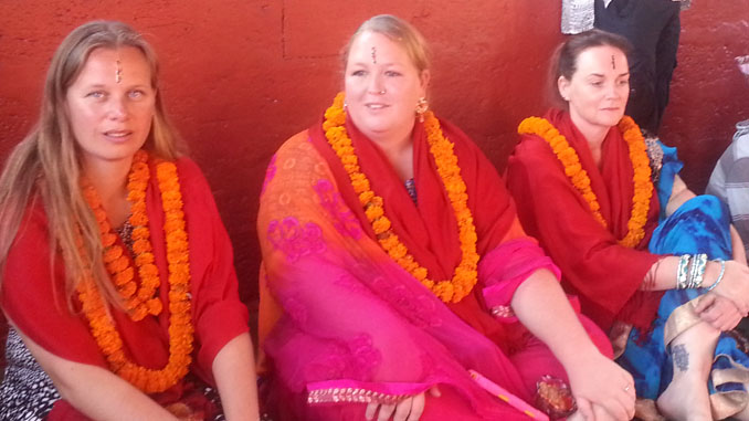 Tourists after receiving Tika in Pokhara on Tuesday. Picture: Recentfusion.com
